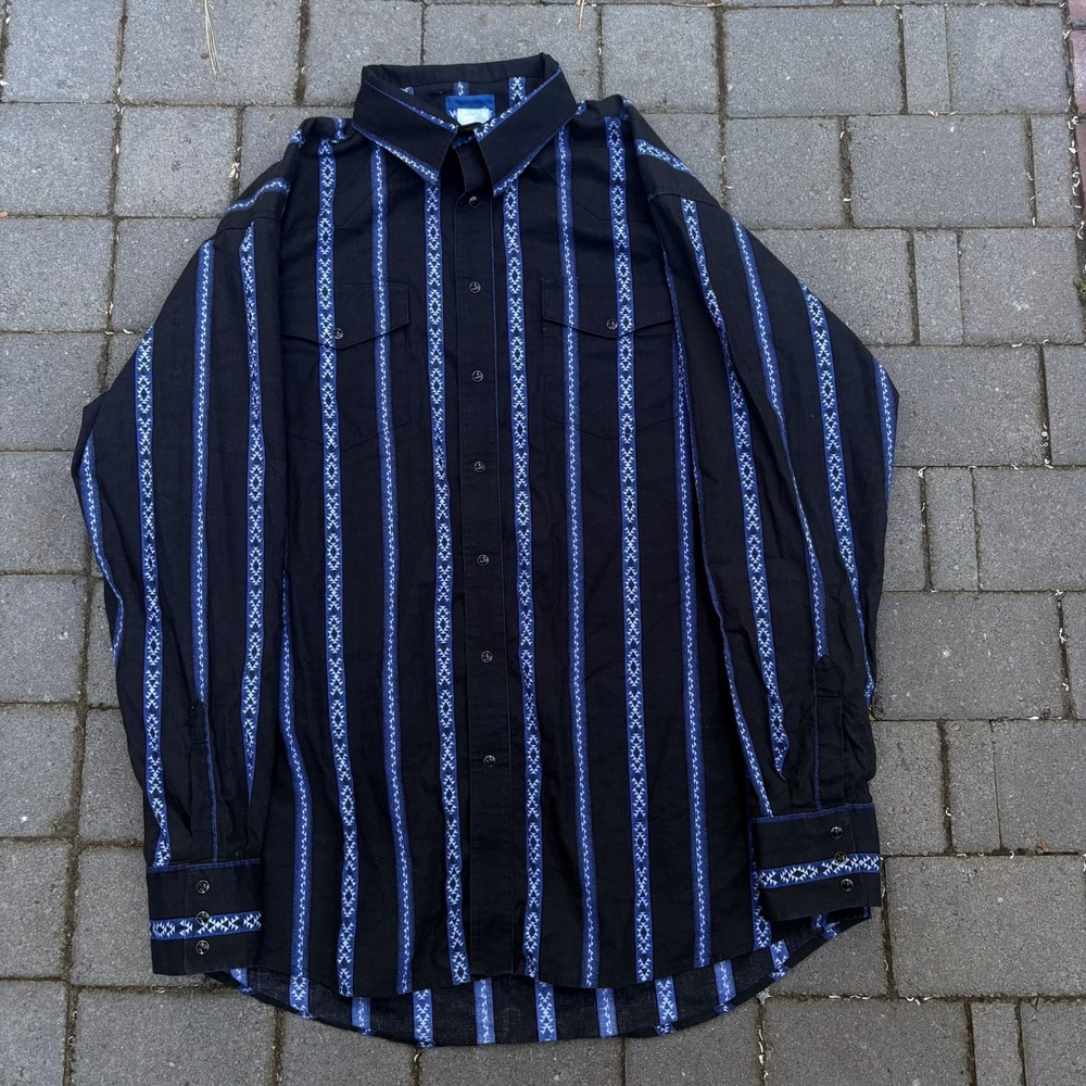 Wrangler Western Shirt Mens XL Aztec Cowboy Rodeo Pearl Snap Ranch Black Blue